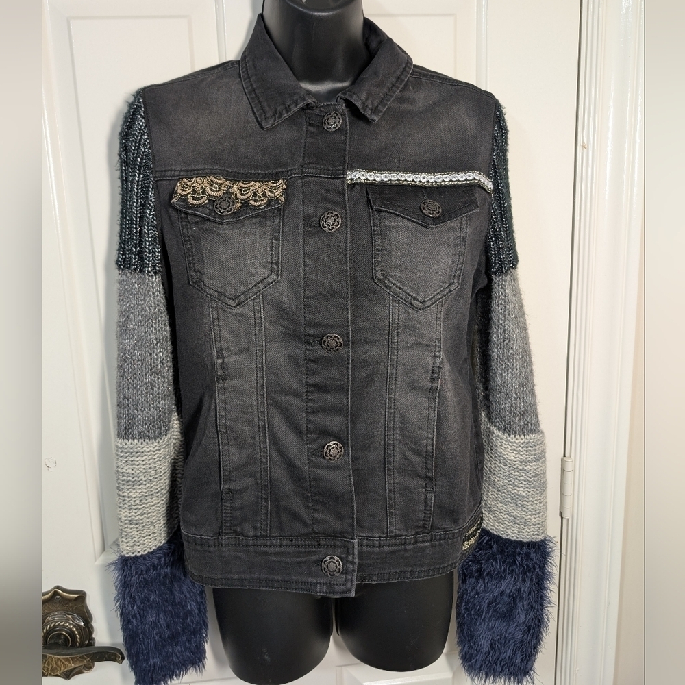 Desigual Jean Jacket Mixed Media Embellished Size 36 Eur (xs-sm)
